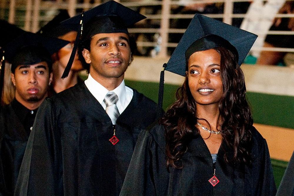 Commencement students walking at graduation ceremony